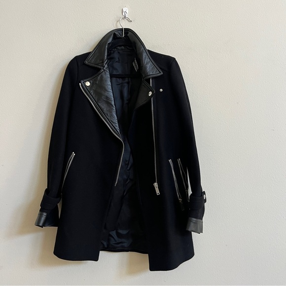 Zara Black Leather Wool Coat Size Small - Picture 2 of 3